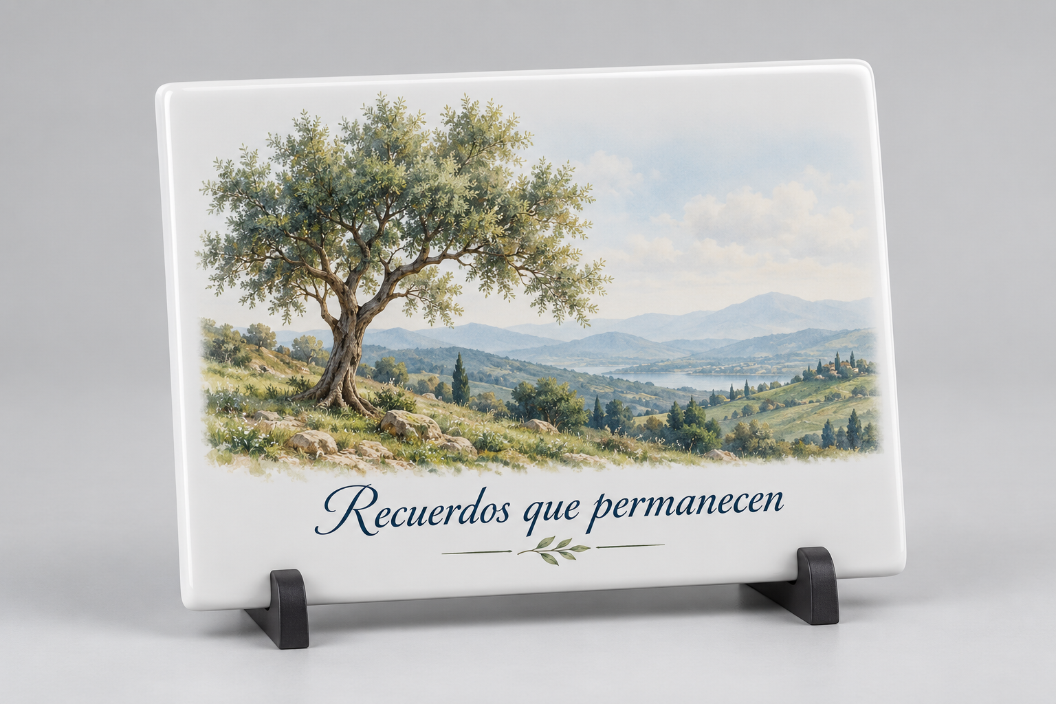Placa de porcelanato blanco con paisaje y una dedicatoria